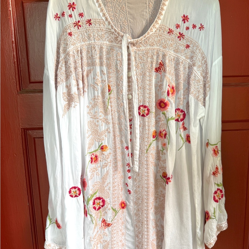 Johnny Was Cream Embellished Tunic with Long Sleeves